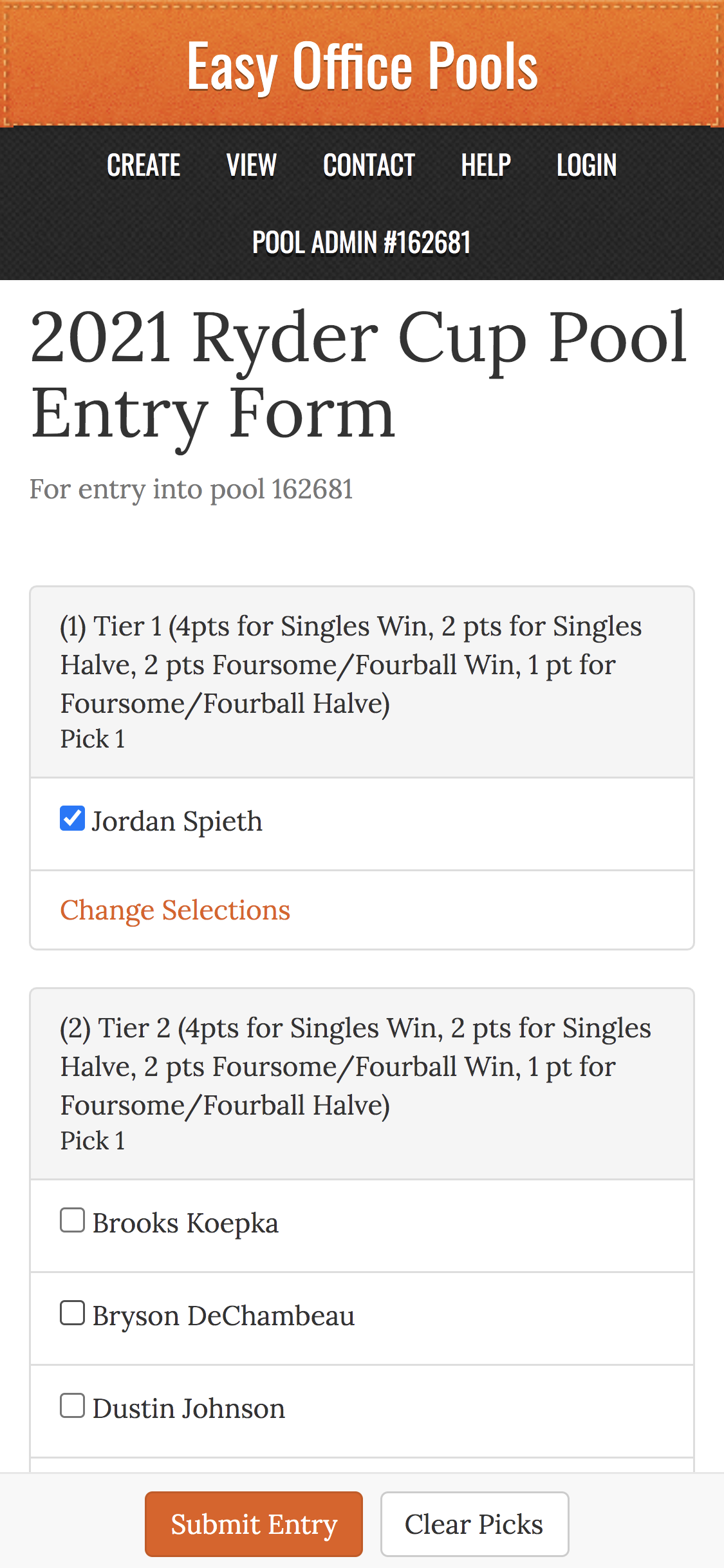 (2) Pick Your Team Screenshot Ryder Cup Pool